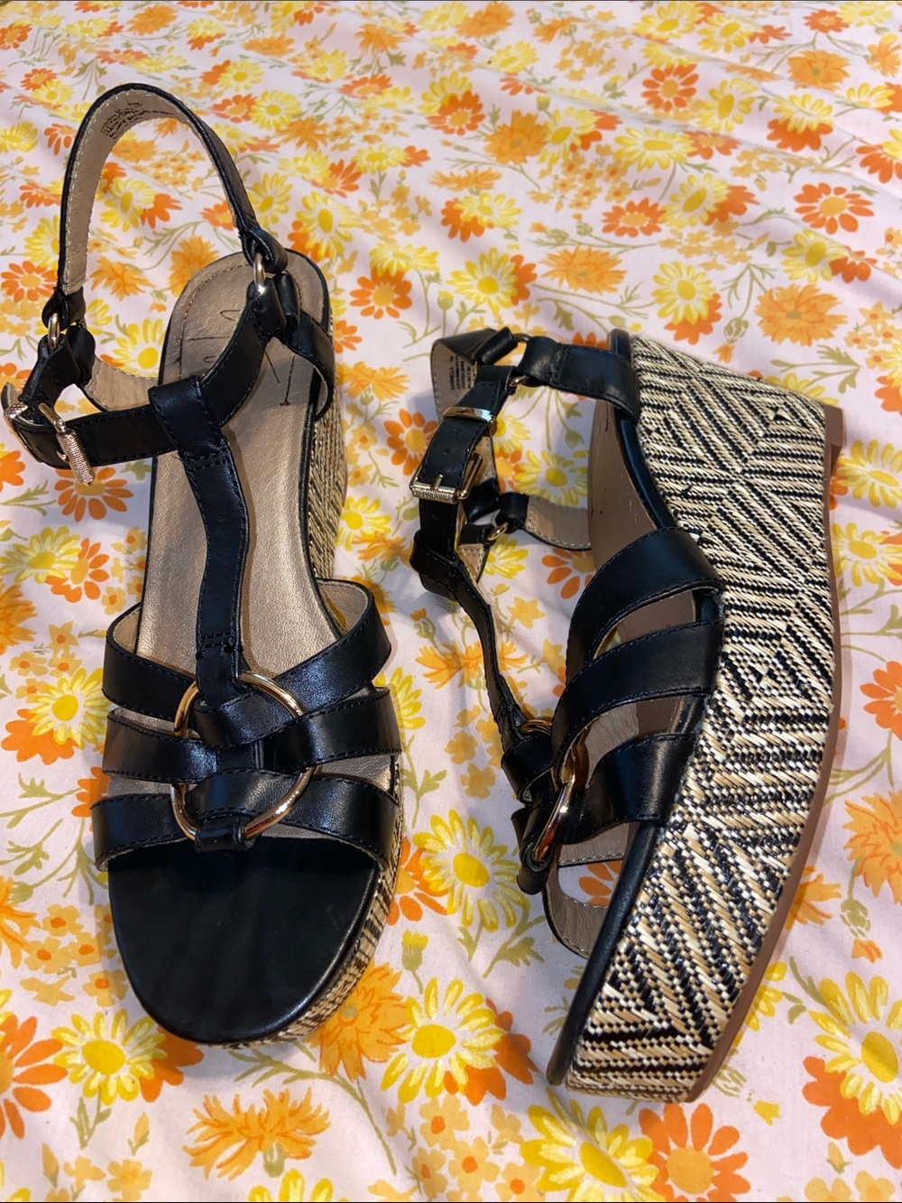 LATIGO DARNELLA PLATFORM SANDALS Black & Cream Geometric Tribal Leather